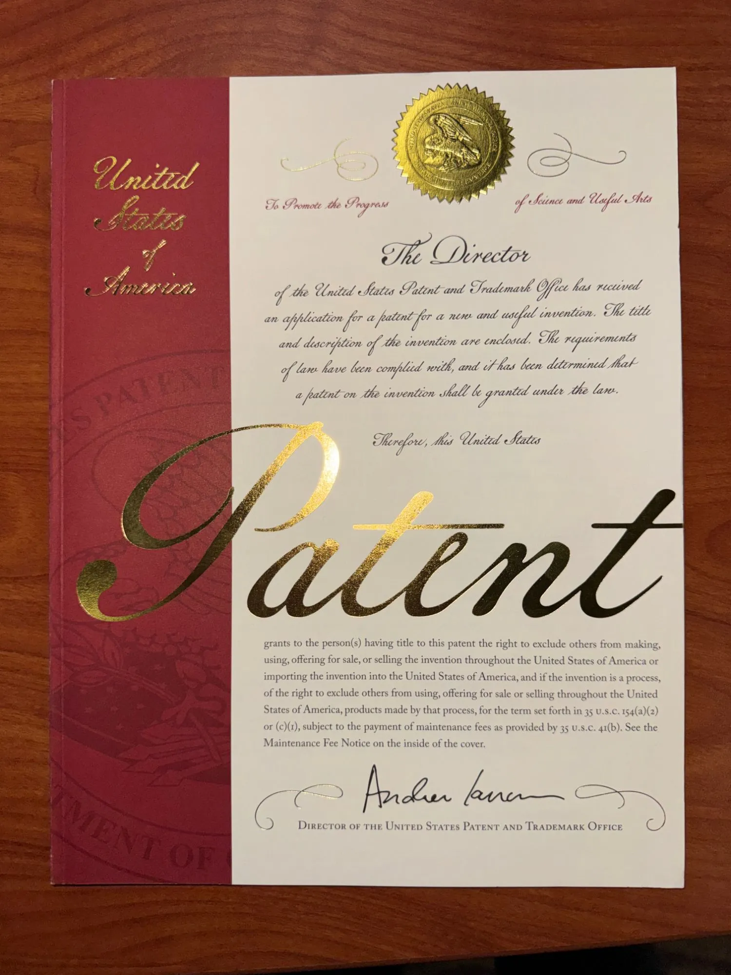 United States patent grant cover issued to Advanced Formliners in 2018, signed by the Director of the United States Patent and Trademark Office