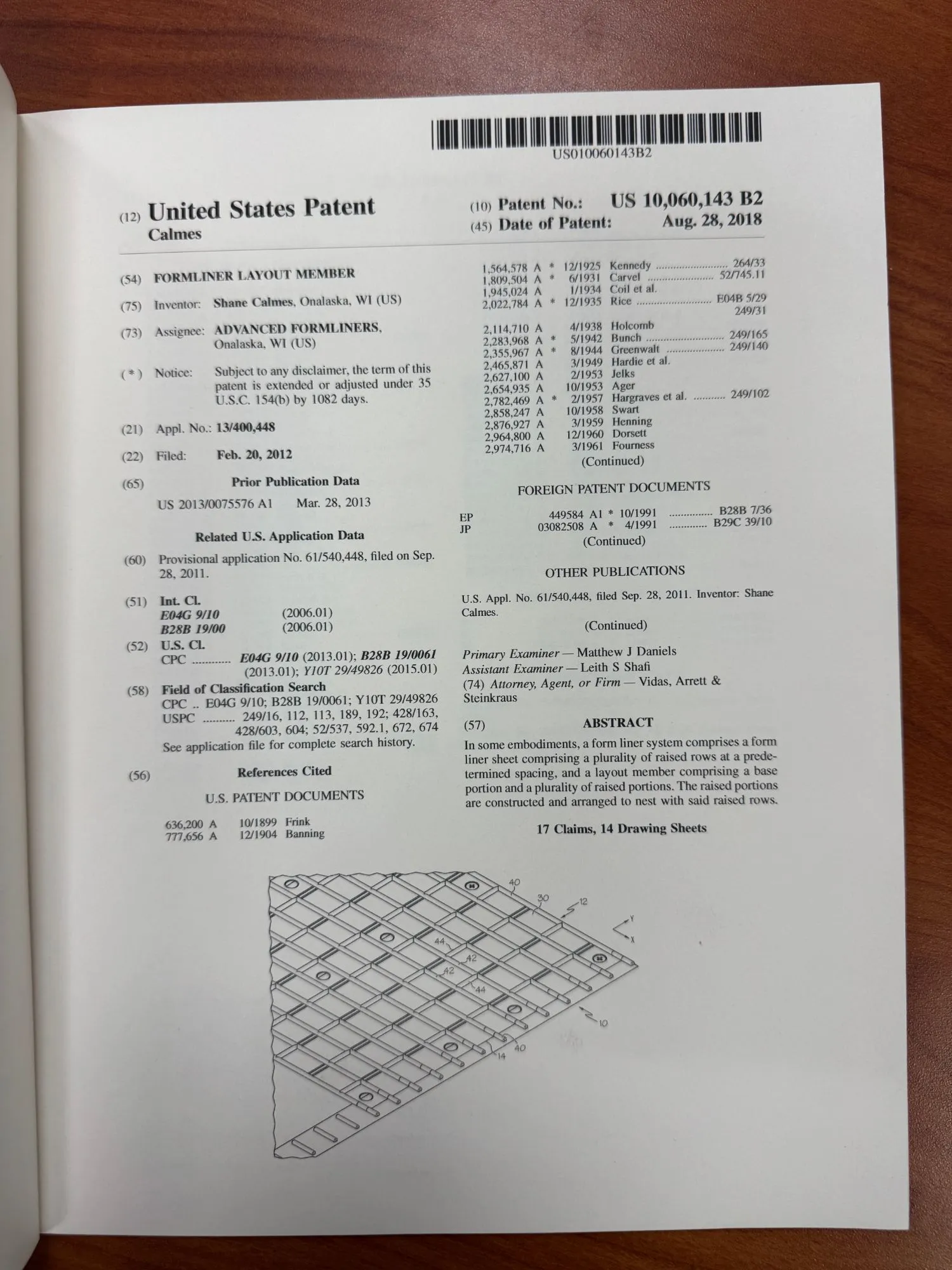 First page of US 10,060,143 B2, Formliner layout member, as issued by the United States Patent and Trademark Office