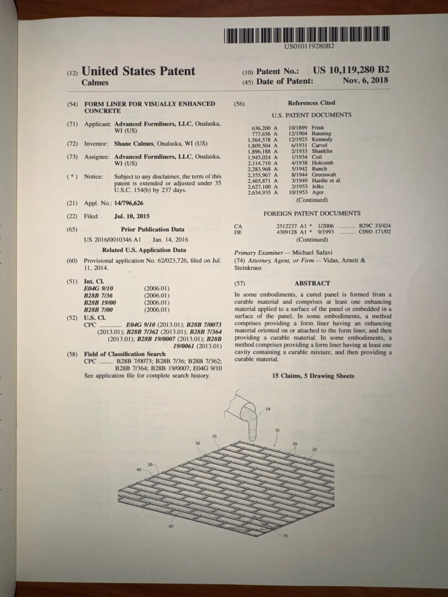 First page of US 10,119,280 B2, Form liner for visually enhanced concrete, as issued by the United States Patent and Trademark Office