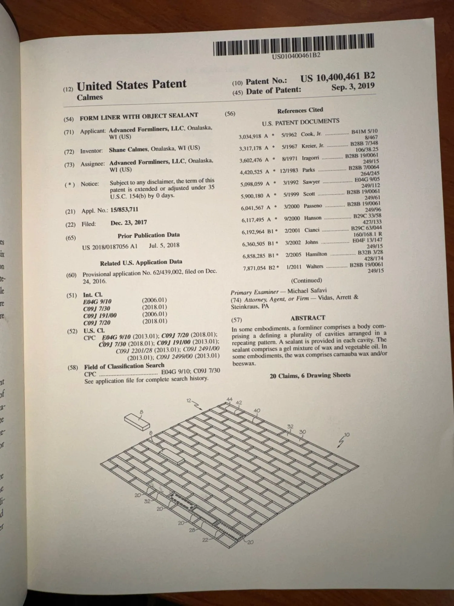First page of US 10,400,461 B2, Form liner with object sealant, as issued by the United States Patent and Trademark Office