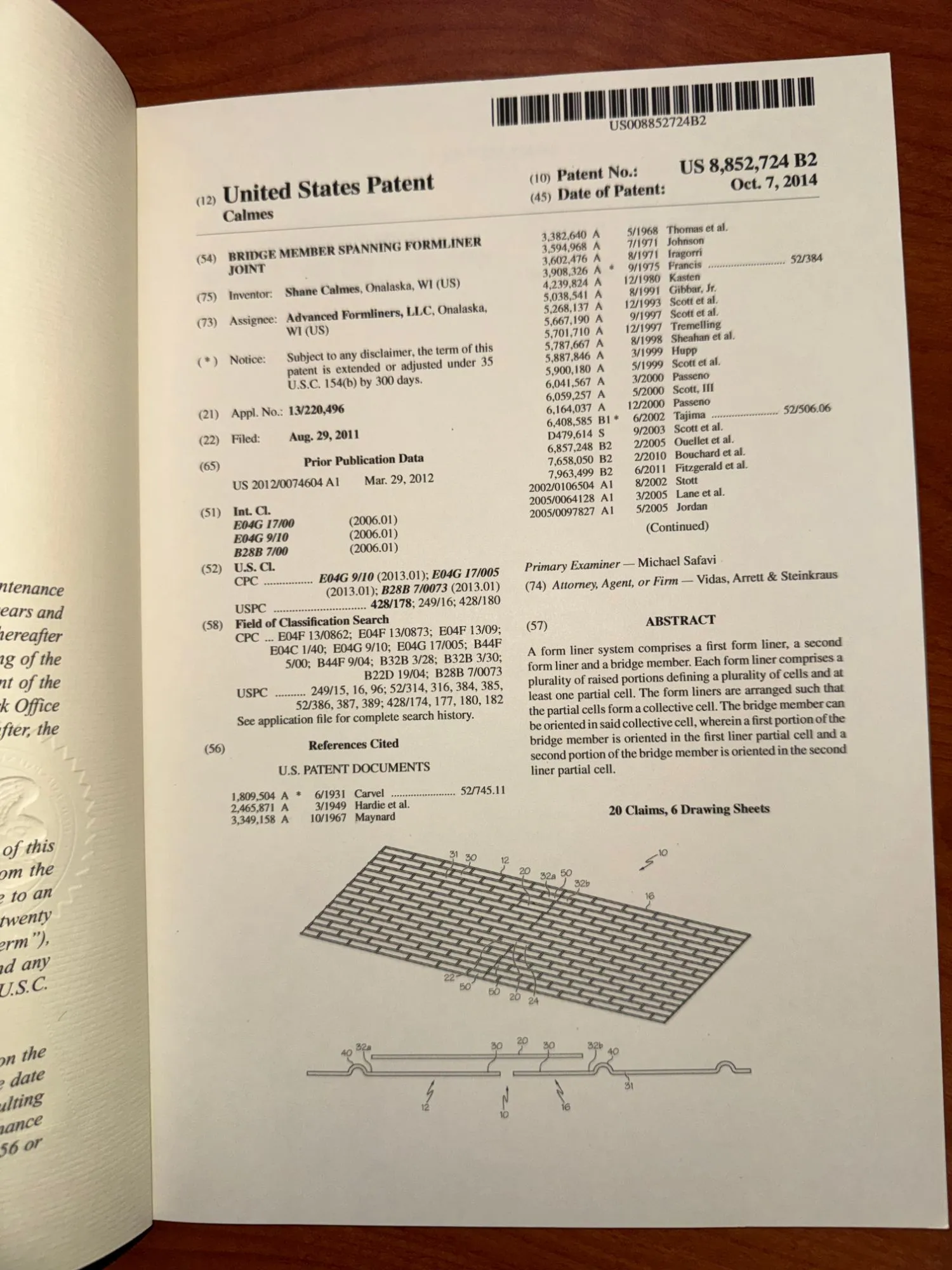First page of US 8,852,724 B2, Bridge member spanning formliner joint, as issued by the United States Patent and Trademark Office