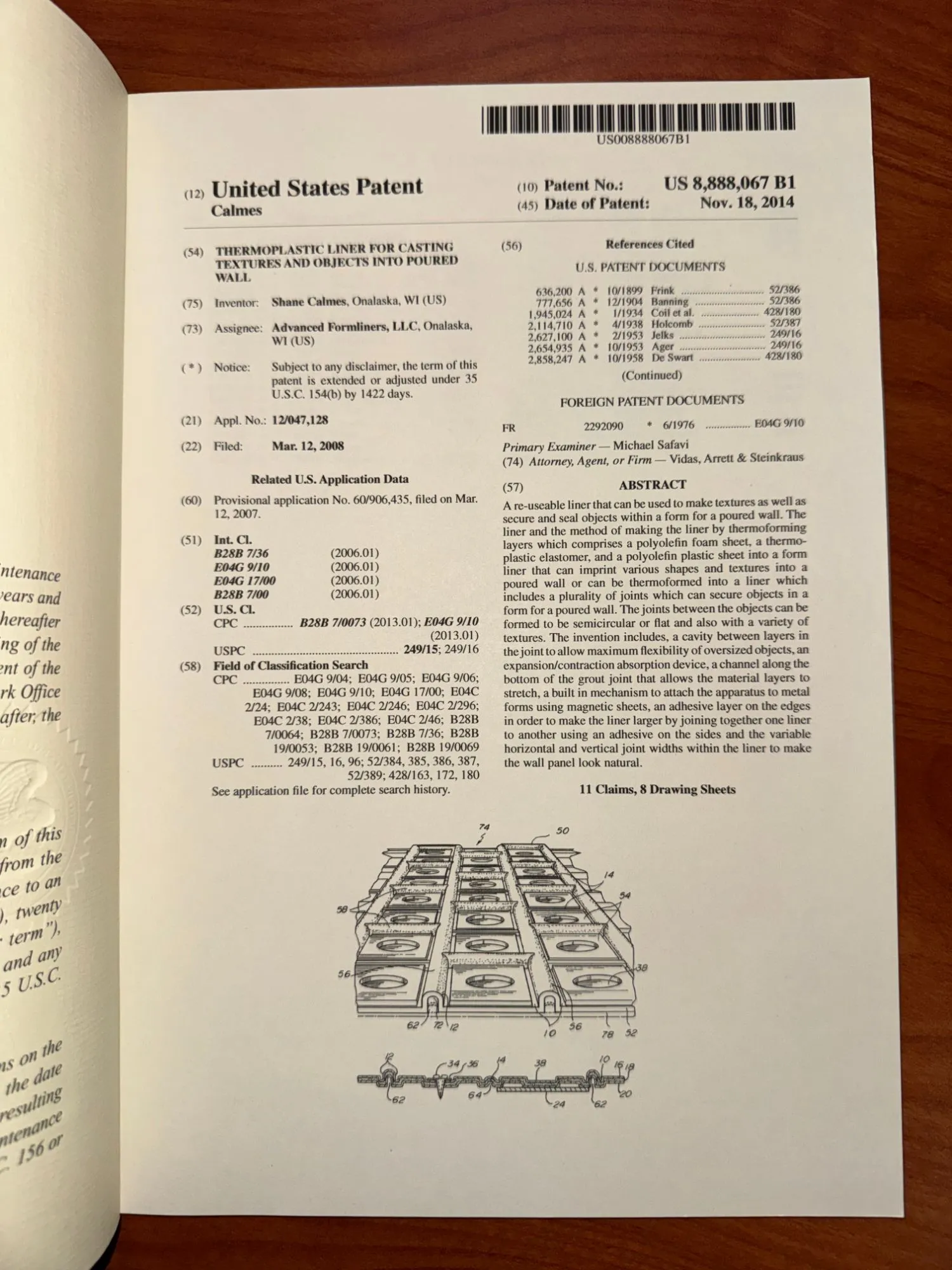 First page of US 8,888,067 B1, Thermoplastic liner for casting textures and objects into poured wall, as issued by the United States Patent and Trademark Office