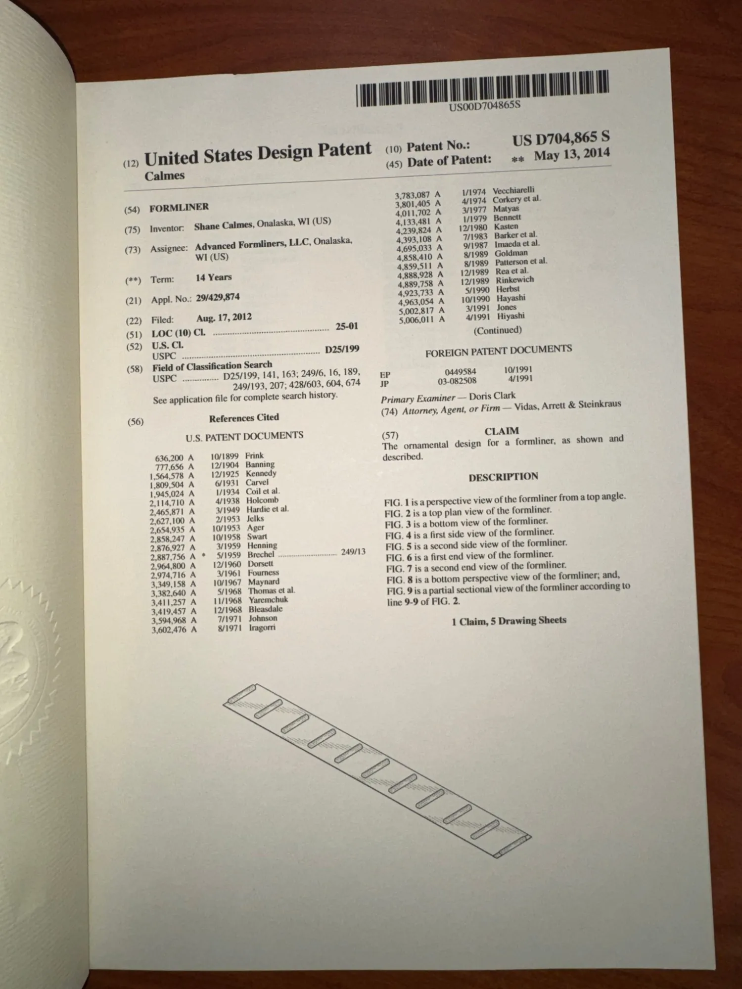 First page of US D704,865 S, Formliner, as issued by the United States Patent and Trademark Office