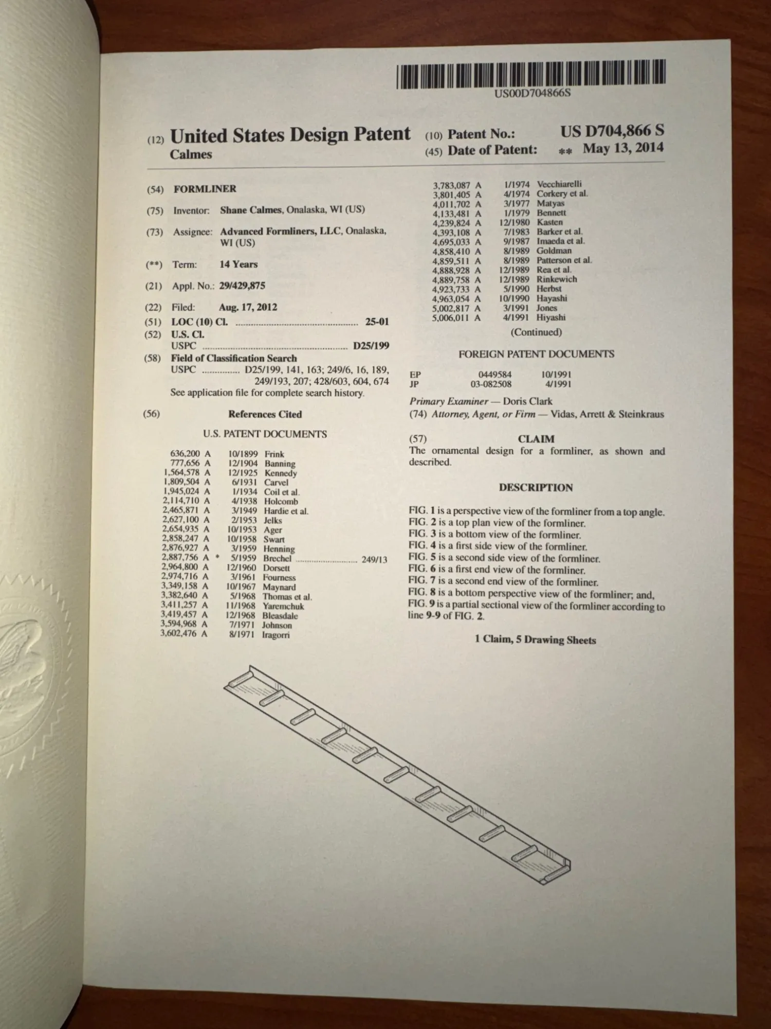First page of US D704,866 S, Formliner, as issued by the United States Patent and Trademark Office