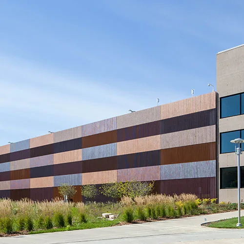 Normandale Community College Parking Ramp, Bloomington, Minnesota, faced in Endicott Dark Ironspot, Executive Ironspot, Medium Ironspot #46, Desert Ironspot Dark